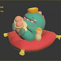 Cute Green Dino Holding Piggy Toys With Little Pink Companion On Red Cushion