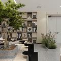 Modern Café Interior Design With Green Plants Comfortable Seating And Wooden Bookshelves