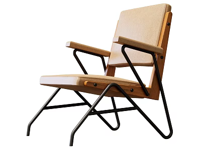 Modern Armchair With Wooden Armrests Beige Seat Cushion And Metal Frame 3d model