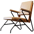 Modern Armchair With Wooden Armrests Beige Seat Cushion And Metal Frame