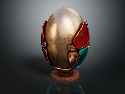 Carved Egg Shaped Sculpture With Golden Body Red Green Accents And Wooden Base 3d model