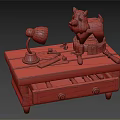 Functional Wooden Desk with Green Desk Lamp Wooden Dog Sculpture Tools and Red Knob Drawer
