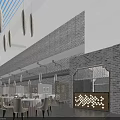 Banquet Hall Interior with Blue Ceiling Oval Pendant Lights Brick Wall and Dining Tables