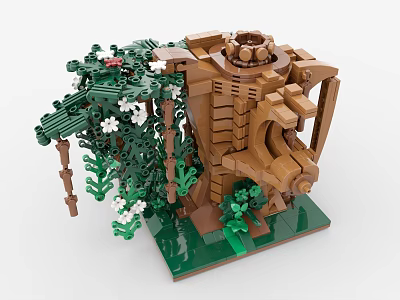 Detailed Building Blocks Tree Model With Green Foliage White Flowers Brown Trunk And Green Base 3d model