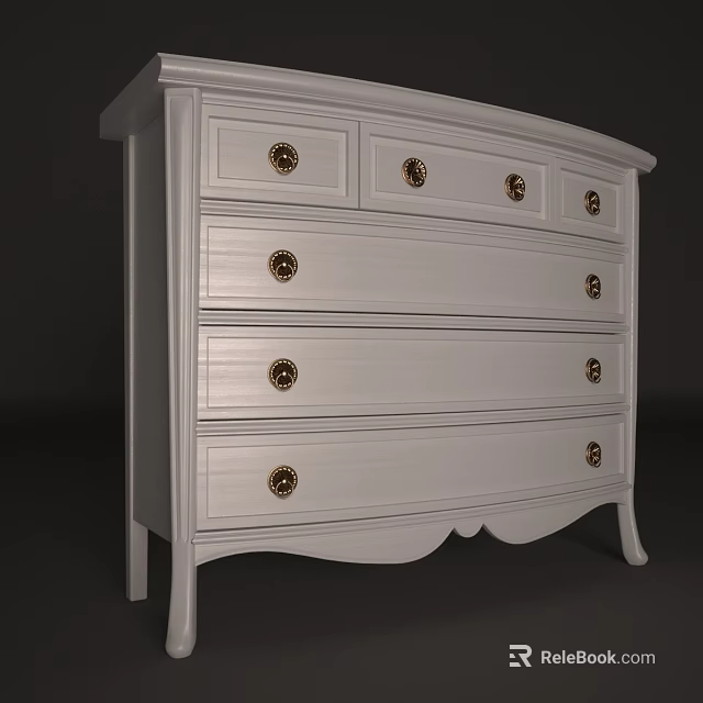 White Classic Dresser With Multiple Drawers And Golden Knobs Scalloped Base Design 3d model 