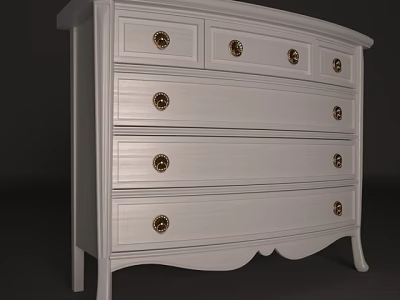White Classic Dresser With Multiple Drawers And Golden Knobs Scalloped Base Design 3d model