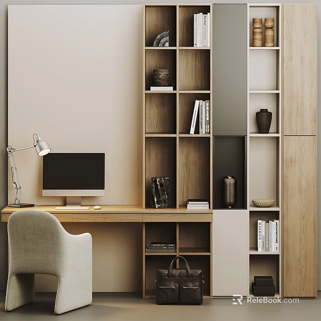 Modern Home Office Desk With Computer Monitor Lamp Wooden Bookshelf And Decorative Items 3d model 