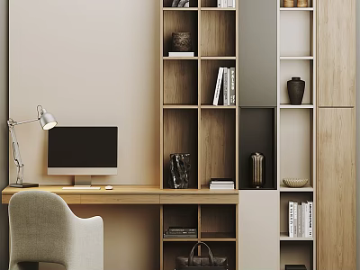 Modern Home Office Desk With Computer Monitor Lamp Wooden Bookshelf And Decorative Items 3d model