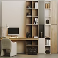 Modern Home Office Desk With Computer Monitor Lamp Wooden Bookshelf And Decorative Items