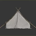 Handmade Camping Tent With White Fabric And Wooden Support Poles