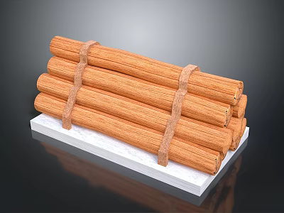 Stacked Wood Logs Tied With Rope Placed On White Stone Slab 3d model