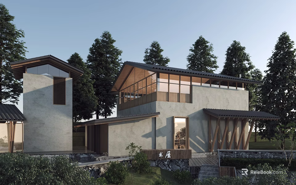 Modern Minimalist Detached Villa Exterior Design With Wooden Balcony Large Windows And Green Trees 3d model 