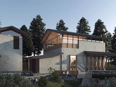 Modern Minimalist Detached Villa Exterior Design With Wooden Balcony Large Windows And Green Trees 3d model