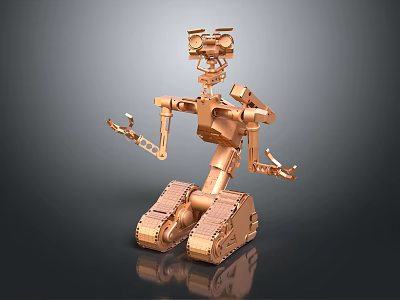 Smart Robot With Golden Metallic Body Tracked Base Sensor Equipped Head And Mechanical Arms 3d model