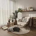 Cozy Beige Lounge Chair With Round Rug Pillows Small Side Table And Green Plants