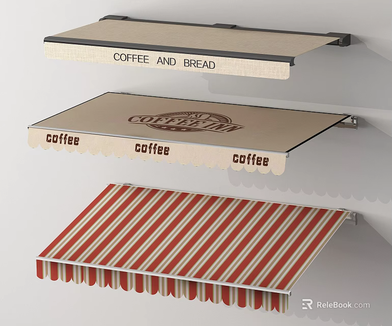 Hanging Coffee Shop Canvas Awnings With Coffee Bread Text And Striped Design Elements 3d model