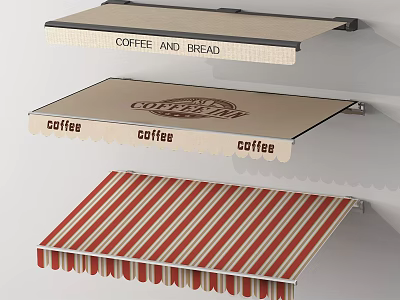 Hanging Coffee Shop Canvas Awnings With Coffee Bread Text And Striped Design Elements 3d model