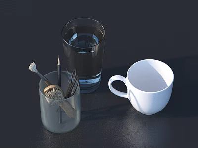 Stylish White Cup With Transparent Water Glass And Utensil Holder On Dark Surface 3d model