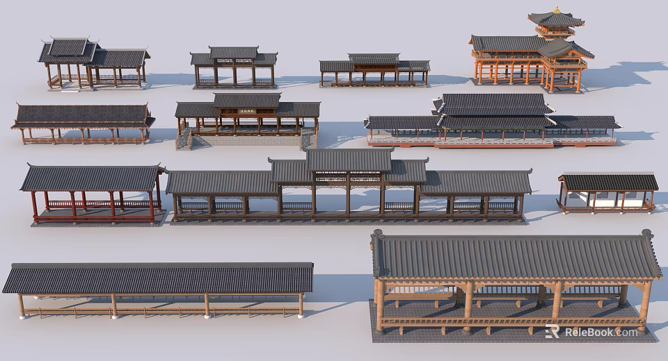 Traditional Chinese Pergola Designs With Various Wooden Roof Structures And Styles 3d model 
