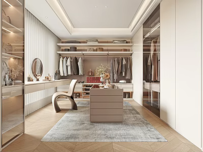 Elegant Modern Walk In Closet Interior Design With Open Shelves Hanging Clothes And Dressing Table 3d model