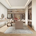 Elegant Modern Walk In Closet Interior Design With Open Shelves Hanging Clothes And Dressing Table