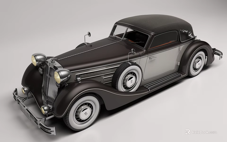 Classic Vintage Car With Dark Brown And Silver Exterior Chrome Accents And Large Wheels 3d model 