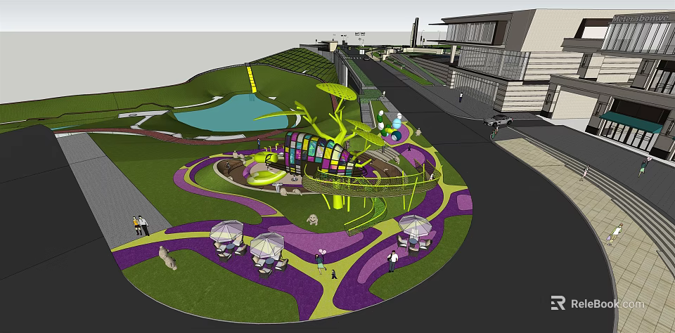 Vibrant Children's Play Area Featuring Colorful Play Structures Green Lawn Curved Pathways And Shade Canopies 3d model 