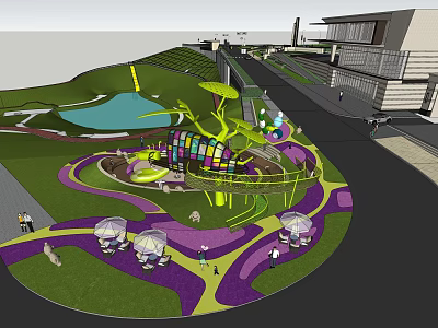 Vibrant Children's Play Area Featuring Colorful Play Structures Green Lawn Curved Pathways And Shade Canopies 3d model