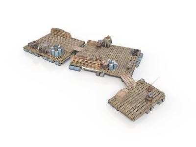 Wooden Marine Floating Platform With Barrels And Connected Dock Sections 3d model