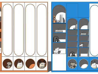 Modern Stylish Wardrobe Design Featuring Orange Blue Oval Doors Round Storage And Layered Shelves 3d model