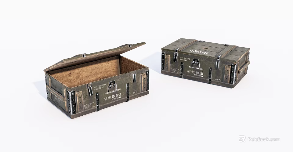 Vintage Military Style Wooden Storage Crates Open And Closed With Metal Latches 3d model 