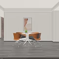 Modern White Round Table Set With Orange Leather Chairs And Abstract Wall Painting