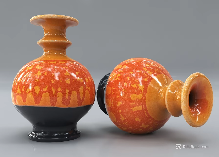 Two Decorative Orange Black Ceramic Vases With Textured Patterns And Glossy Finish 3d model 