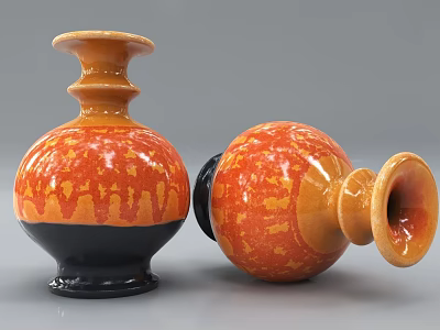 Two Decorative Orange Black Ceramic Vases With Textured Patterns And Glossy Finish 3d model