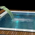 Blue Swimming Pool With Wooden Deck Glass Edges And Rippled Water Surface