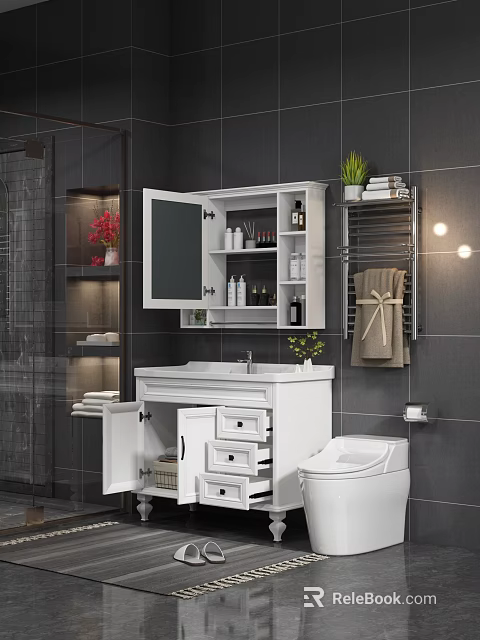 Modern Bathroom Interior With Black Tile Walls White Vanity Open Mirror Cabinet And Toilet 3d model 