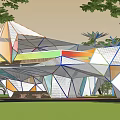 Modern Geometric Pergola Design With Colorful Panels And Green Landscape Setting