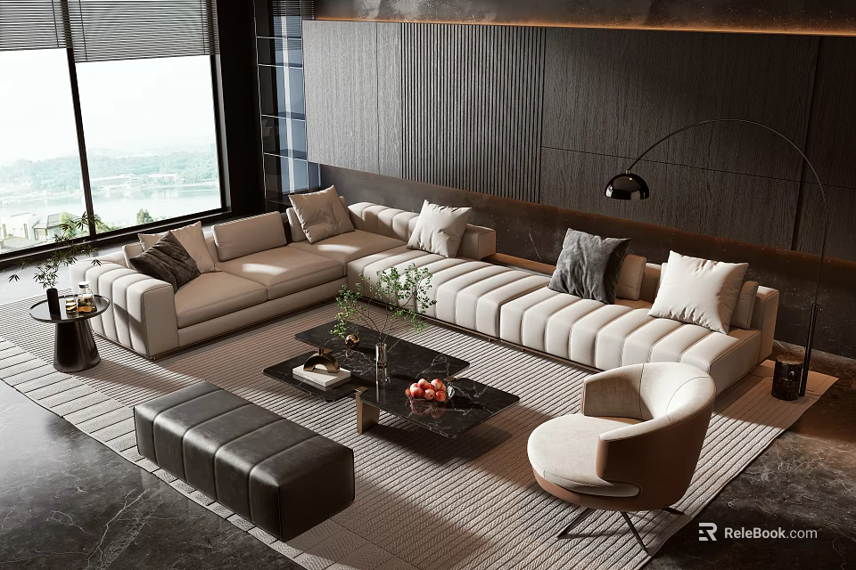 Modern Beige L Shape Sofa And Black Coffee Table Set With Decorative Items In Living Room 3d model 