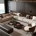 Modern Beige L Shape Sofa And Black Coffee Table Set With Decorative Items In Living Room