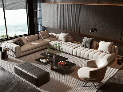 Modern Beige L Shape Sofa And Black Coffee Table Set With Decorative Items In Living Room 3d model