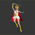 Dynamic Female Warrior In White Outfit Red Cape Golden Boots Holding Sword With Golden Details
