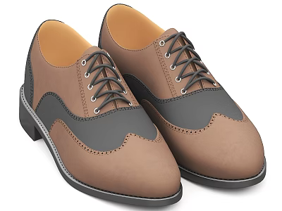 Brown And Gray Leather Brogue Shoes With Orange Insole And Lace Up Design 3d model