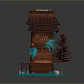 Traditional Wooden Layered Tower With Red Tiled Roof Snow Accents Red Tree Blue Snowy Base