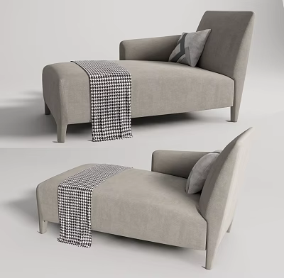 Modern Light Gray Fabric Chaise Lounge With Checkered Throw Blanket And Accent Pillow 3d model