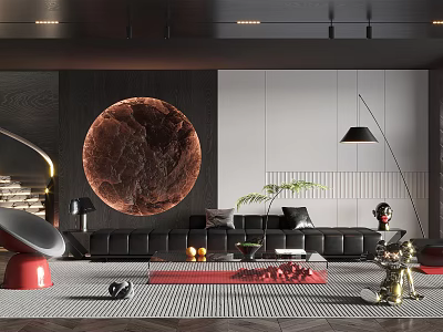 Modern Luxury Living Room Interior With Black Sofa Circular Art Red Coffee Table Floor Lamp Green Plant 3d model