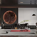 Modern Luxury Living Room Interior With Black Sofa Circular Art Red Coffee Table Floor Lamp Green Plant