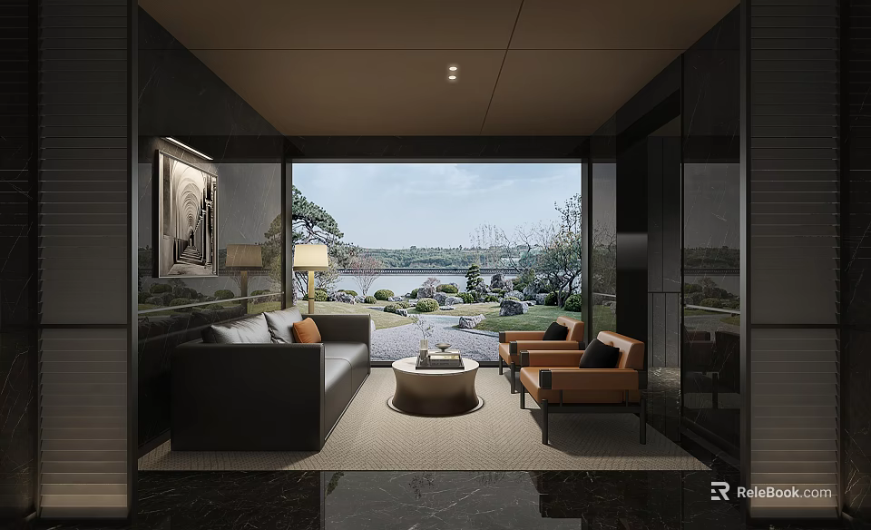 Hotel Public Lounge With Comfortable Sofa Armchairs Coffee Table And Scenic Window View 3d model