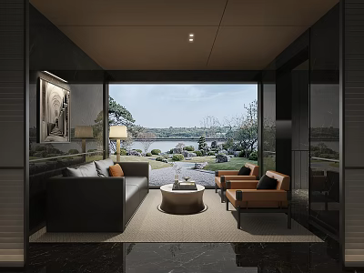 Hotel Public Lounge With Comfortable Sofa Armchairs Coffee Table And Scenic Window View 3d model