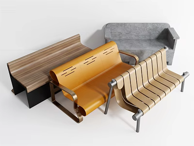 Modern Outdoor Bench Chairs with Wooden Leather Gray Fabric Seats and Metal Frame Design 3d model