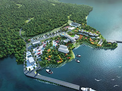 Scenic Island Landscape With Lush Green Forest Surrounding Buildings And Pier With Boats On Water 3d model